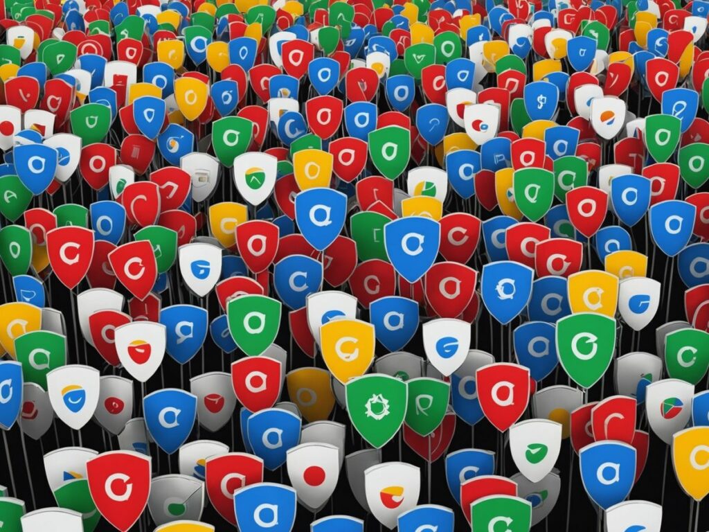 A large array of shield-shaped icons in vibrant Google colours—blue, red, yellow, and green—each symbolising various aspects of Google’s security and protection measures.