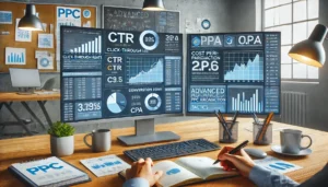  A modern digital marketing office with dual monitors displaying advanced PPC management tactics, showing key metrics such as CTR, Conversion Rate, and CPA, reflecting a focus on data analytics for campaign success.