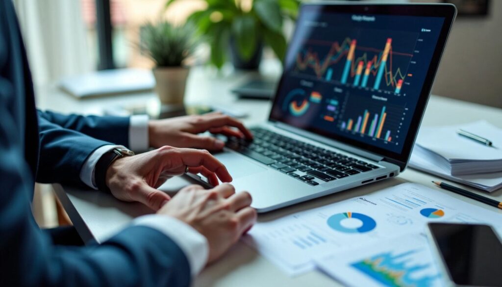 A professional analysing remarketing campaign performance on a laptop with data visualisations and charts displaying key metrics in a modern workspace.