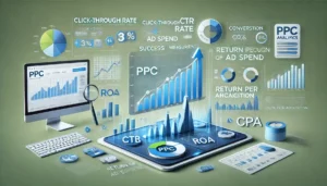 A detailed dashboard showing key metrics for measuring PPC success, featuring graphs tracking Click-Through Rate, Conversion Rate, Return on Ad Spend, and Cost Per Acquisition for Expanded PPC FAQs.