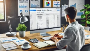 A digital marketer using Google Keyword Planner to conduct keyword research for a Google Adwords PPC checklist, with relevant data like search volumes displayed on the screen.