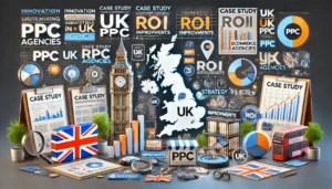 Digital marketing scene showcasing UK PPC Trends through case studies of leading UK PPC agencies, with success charts, agency logos, and eCommerce sector growth.