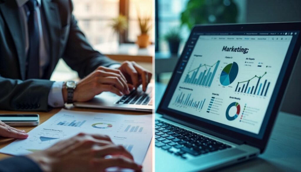 A side-by-side comparison of a professional analysing data on a laptop and printed charts, representing the analytical tools available in Bing Ads vs Google Ads for tracking marketing performance and campaign success.