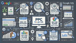  A flowchart illustrating the six key areas of PPC in Google Ads, including Keyword Research, Ad Creation, Bidding on Keywords, Pay for Clicks, Ad Placement, and Performance Monitoring.