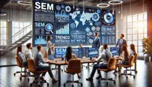 A team of marketing professionals collaborating with SEM specialists, reviewing data and trends, highlighting the benefits of partnering with a SEM agency for specialized knowledge.