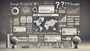 A dashboard showing vague or incomplete data representing the limited visibility of PMax (Performance Max) ad placements, with question marks indicating a lack of detailed insights across various Google platforms.