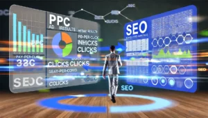  split-screen visual showcasing the relationship between PPC and SEO, illustrating how PPC really works for immediate visibility while SEO builds long-term organic traffic.