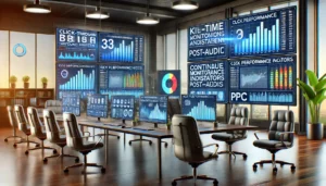 A modern workspace with multiple screens displaying real-time PPC dashboards, focusing on continuous monitoring and adjustment post-audit.