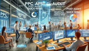 A professional workspace where a marketing team implements changes based on a PPC post-audit, showing screens with ad schedules, audience targeting, and creative updates.