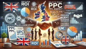 Digital marketing scene illustrating UK PPC Trends and the importance of choosing the right PPC agency, with business handshakes, agency logos, and success metrics.