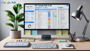 A Google Ads dashboard displayed on a monitor, showcasing the campaign organization process. The image reflects a DIY Google Ads Audits approach with campaigns neatly arranged and color-coded, emphasizing the importance of a well-structured account.