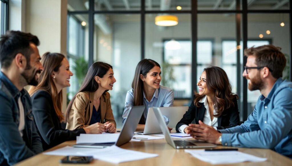 A team of marketing professionals discussing UK PPC Trends in a collaborative meeting, focusing on strategies to improve campaign performance.