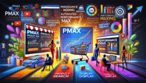 A vibrant illustration showing how ecommerce businesses benefit from PMax (Performance Max) campaigns, with dynamic product ads displayed across platforms like Google Search, YouTube, Display, and Gmail, boosting conversions.