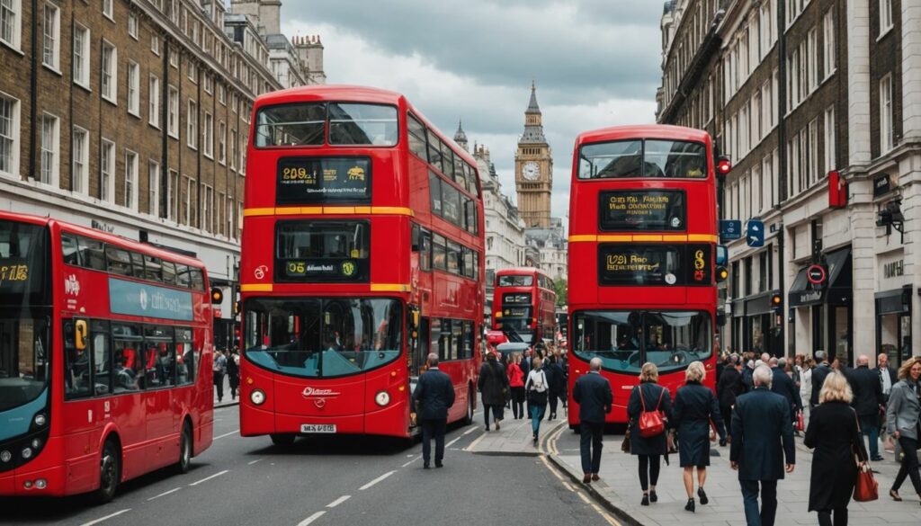 Vibrant London street with businesses and red buses.