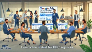  A team of certified PPC professionals working collaboratively in an office, showcasing expertise that overcomes common distrust for PPC agencies.