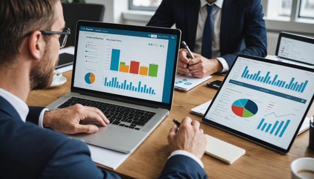 UK business meeting analysing PPC campaign performance. A group of professionals in a meeting room working on laptops and tablets, analysing colourful graphs and charts related to data performance and metrics.