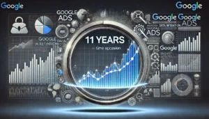 A digital dashboard illustrating Google Ads' data retention policy changes, highlighting the reduction of accessible data to a maximum of 11 years. The design uses professional colours and symbols related to data management and retention.