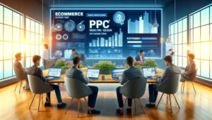 Professionals in a PPC ecommerce agency reviewing data analytics on a large screen displaying PPC metrics, representing a playbook for successful online store advertising strategies.