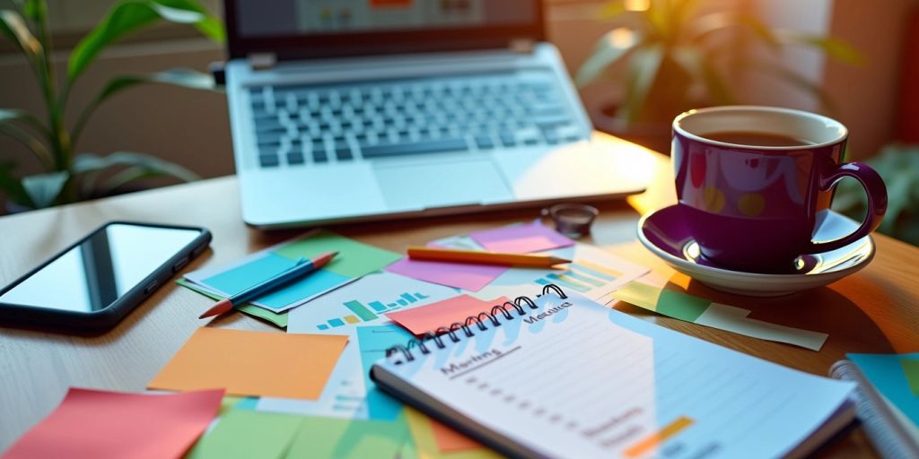 A desk setup featuring a laptop, a cup of coffee, colourful sticky notes, and a notebook, symbolising the planning process for how to create a successful marketing strategy.