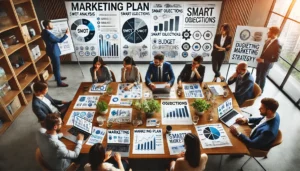 A diverse group of professionals discussing a marketing plan in a modern office, with a focus on charts, a SWOT analysis, and digital marketing tools, representing how to create a successful marketing strategy.