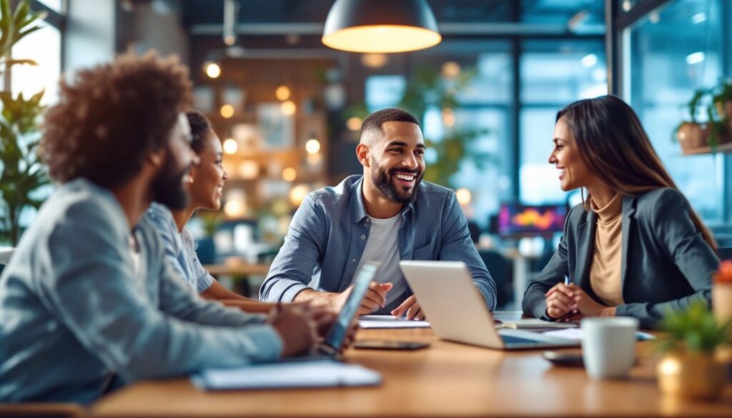 Google AdWords Farewell: A team of professionals collaborating in a modern office, discussing digital marketing strategies, including the transition from Google AdWords to Google Ads.