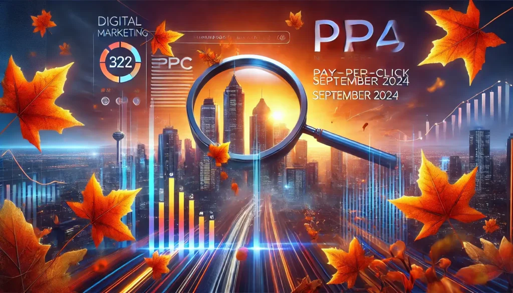 Featured image for PPC News September 2024 showcasing digital marketing trends with autumn elements and a city skyline.