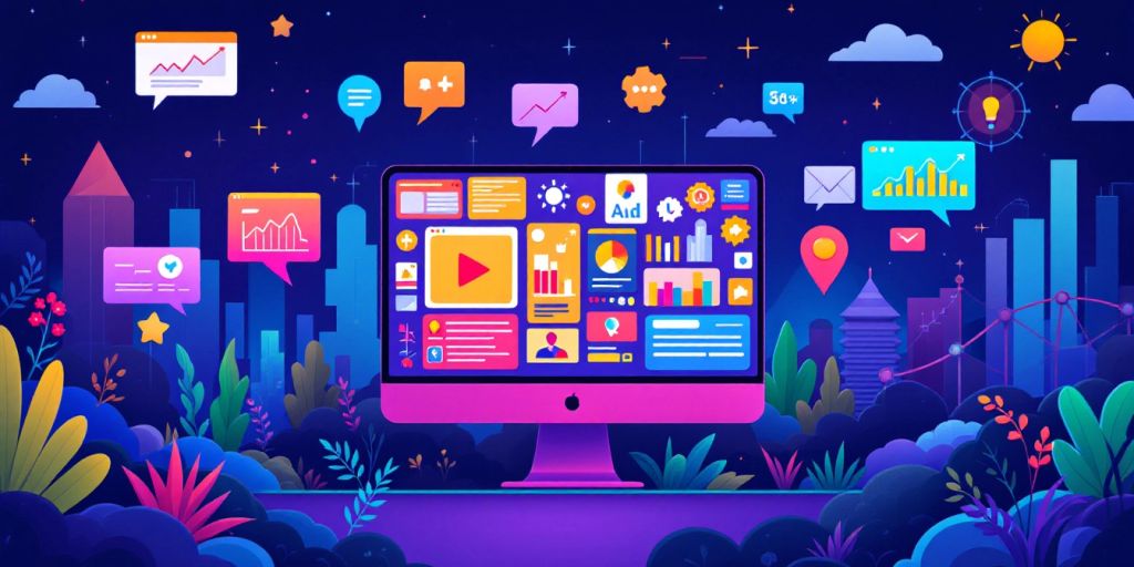 A colourful digital landscape highlighting the power of PPC advertising with various icons representing metrics, charts, and data insights on a large screen. The vibrant background reflects a modern city skyline, symbolising the growth of eCommerce brands through targeted advertising.