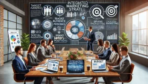 A team of marketers in a modern office discussing a comprehensive strategy, focusing on how to create a successful marketing strategy by identifying the target audience, developing brand messaging, and allocating the marketing budget.