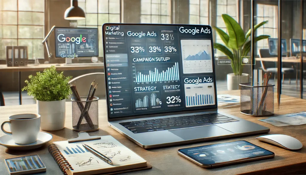 A sleek laptop displaying a Google Ads interface during the campaign setup process. The workspace features coffee cups, a notepad with strategy sketches, and a phone showing performance metrics, symbolizing a productive environment for setting up Google Ads campaigns effectively.