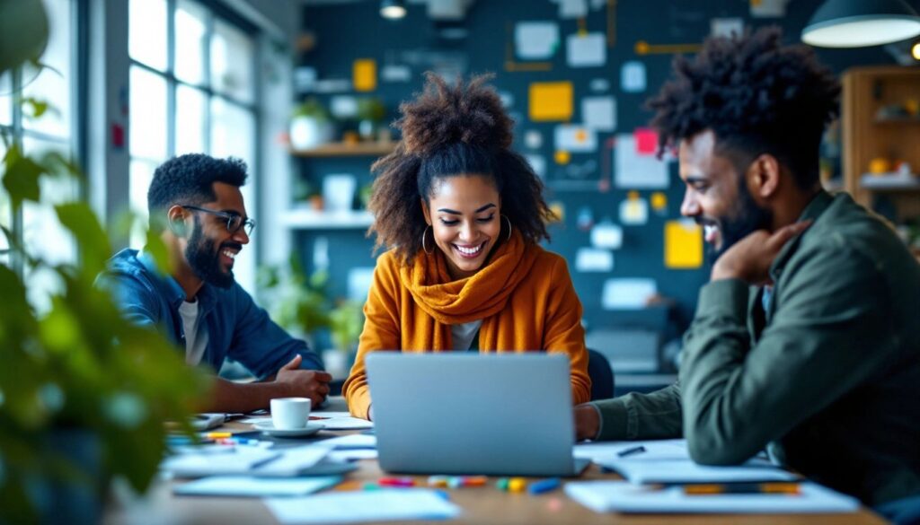 Diverse professionals collaborating in a modern office setting.