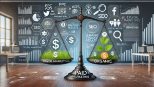 A balanced scale representing the contrast between paid and organic strategies in digital marketing. On one side, symbols like PPC ads and dollar signs signify paid strategies, while the other side, featuring a growing plant and SEO-related icons, represents organic strategies. The concept visually explains balancing paid and organic strategies in marketing.