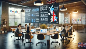 A marketing team in the UK reviews Google Ads Audits for UK Brands, focusing on identifying wasted spend by analysing keyword performance on large digital screens.