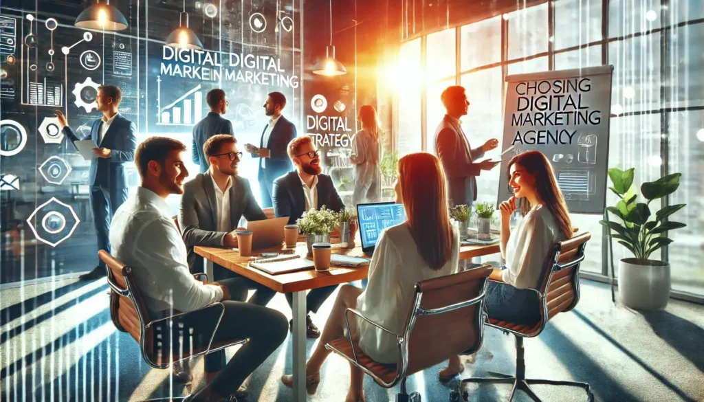 Choosing the Right Digital Marketing Agency: A professional and modern office scene with a diverse team of digital marketing professionals collaborating on strategy to help grow a client’s business.