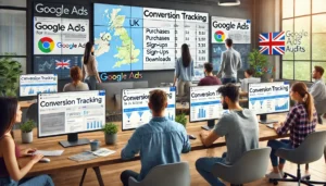 A UK marketing team is setting up conversion tracking as part of their Google Ads Audits for UK Brands, tracking actions like purchases, sign-ups, and downloads to assess ad performance.