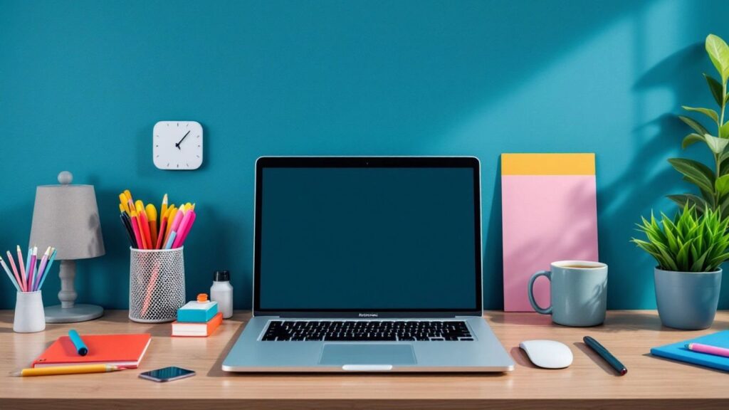 A workspace with a laptop ready to open Google Docs, surrounded by colourful stationery, notebooks, and a coffee mug on a wooden desk.