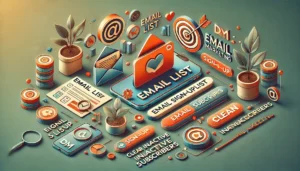 A digital marketing (DM) visual showing the essentials of building an email list, including an email sign-up form, social media promotion, and list management tools for cleaning inactive subscribers.