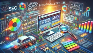 A visual representation of on-page SEO techniques for digital marketing (DM), including keyword research, meta tags, and high-quality content, showcasing how SEO boosts online visibility.