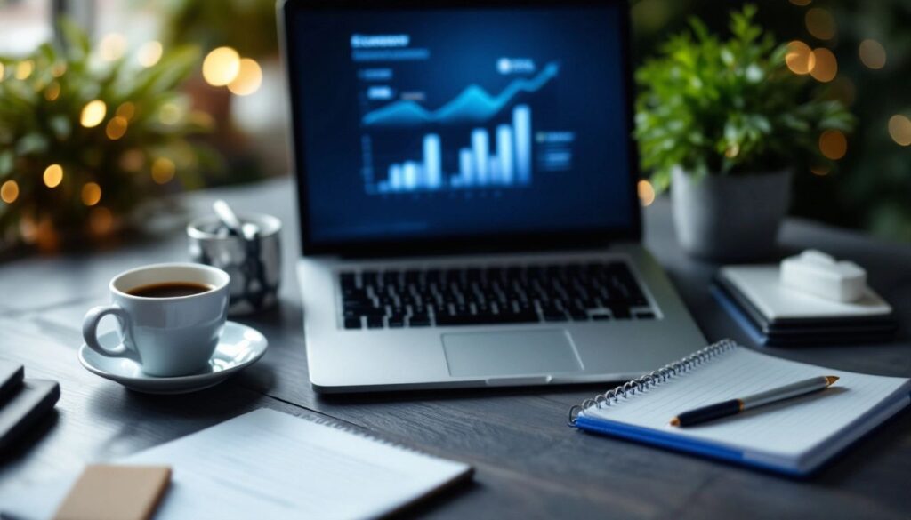 A laptop displaying analytics with graphs, alongside a notebook and coffee, symbolising the work involved in developing strategies from the PPC Ecommerce Agency Playbook.