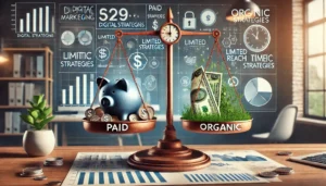 A representation of the challenges in balancing paid and organic strategies in digital marketing, showing budget constraints with a scale symbolizing the struggle between financial investment and time.