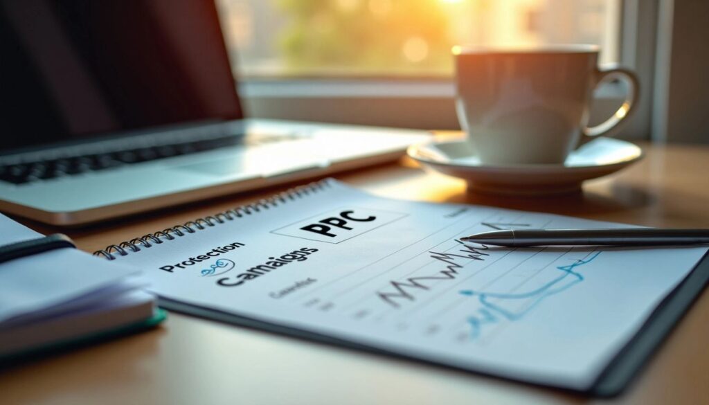 A notebook with the words PPC Campaign Management written alongside graphs and charts, representing the planning and analysis phase of a PPC campaign, with a laptop and a coffee cup in the background.