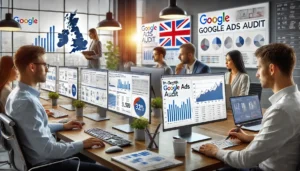 A UK-based marketing team is performing Google Ads Audits for UK Brands, reviewing campaign data on multiple screens to improve advertising strategies.