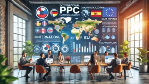 A PPC ecommerce agency team discussing international strategies from the PPC Ecommerce Agency Playbook, focusing on challenges like cultural differences, language barriers, and compliance with data privacy laws.