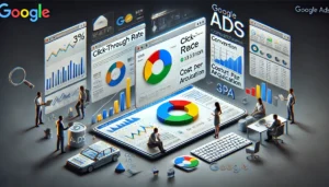 Google AdWords Farewell: A modern dashboard showcasing Google Ads analytics and reporting, focusing on metrics like Click-Through Rate (CTR), Conversion Rate, and Cost Per Acquisition (CPA) to measure campaign success.