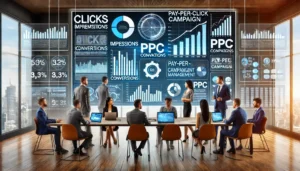 A team of marketing professionals reviewing PPC campaign management metrics on a large screen, discussing strategies and objectives for a successful campaign.