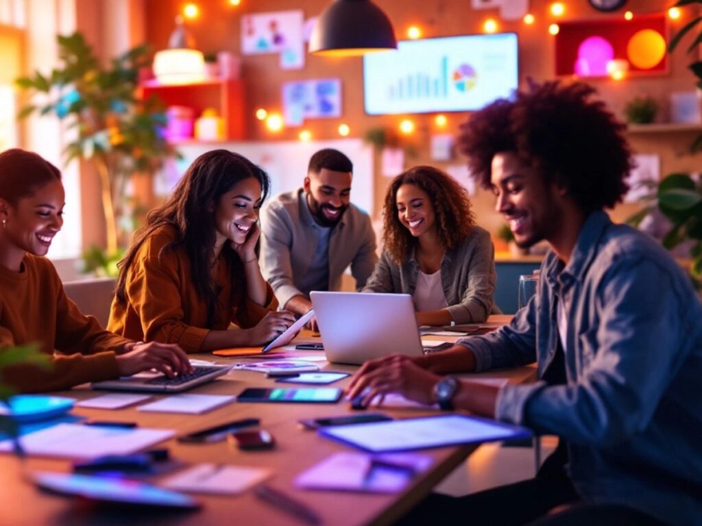 Diverse team collaborating in a modern digital workspace.