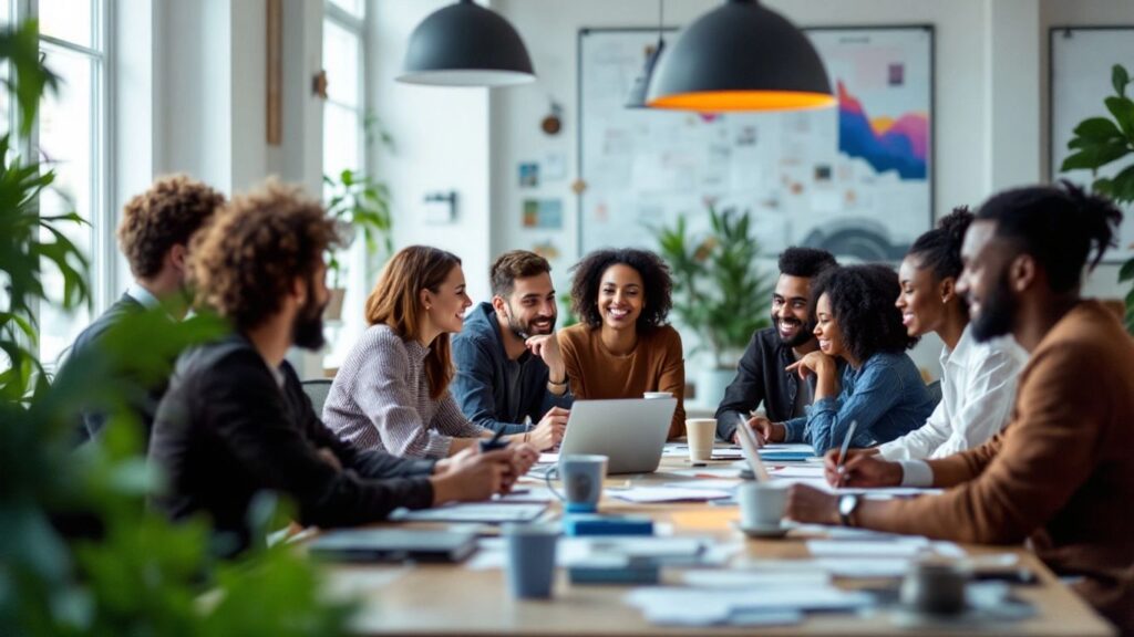 A diverse marketing team gathers in a modern, well-lit office space to discuss innovative solutions for overcoming ad fatigue in their campaigns.