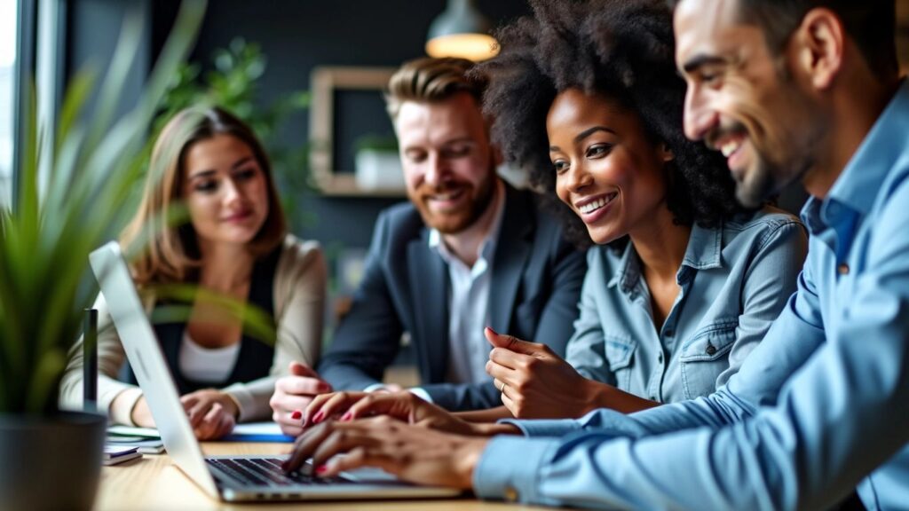 Team collaborating in a modern office environment.