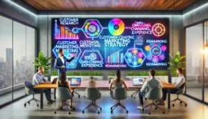 Dan, co-founder of PPC Geeks, presenting a Customer Centric Marketing strategy flowchart in a vibrant marketing meeting room. The flowchart focuses on understanding customers to enhance engagement and drive conversions.