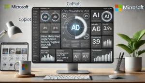 Microsoft Ads Copilot interface showing an AI-enhanced dashboard with contextual ad triggering, ad voice feature, and streamlined ad experience.