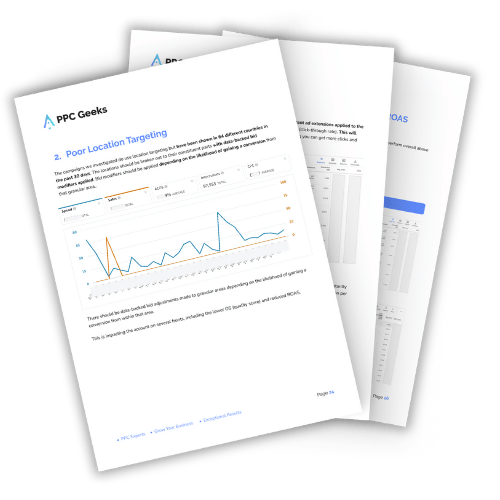 A page from an Amazon Ads audit document displaying a lack of sales data in an audited account. The data tables highlight underperformance, indicating significant losses in Amazon Ads spending.